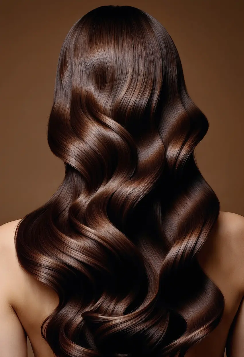 Long, glossy waves of dark brown hair