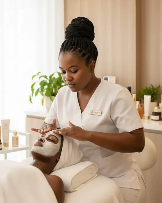 A therapist applying a facial treatment in a bright clinic